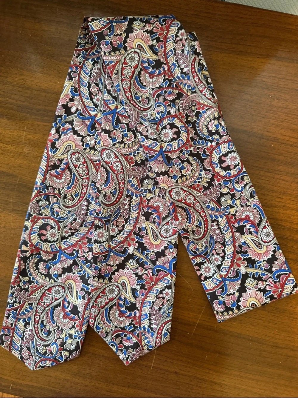 Vtg Handmade Blue, Gold & Red Paisley Bow Neck Polyester Scarf, Sash or‎ Belt